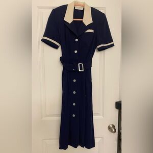 Vintage Petite Sophisticate Navy Midi Dress with Belt